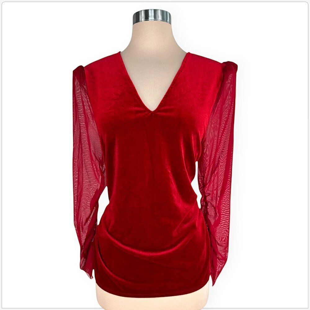 H by Halston Deep Red Velvet Sheer Mixed Media Long Puff Sleeves Top NWT NEW L